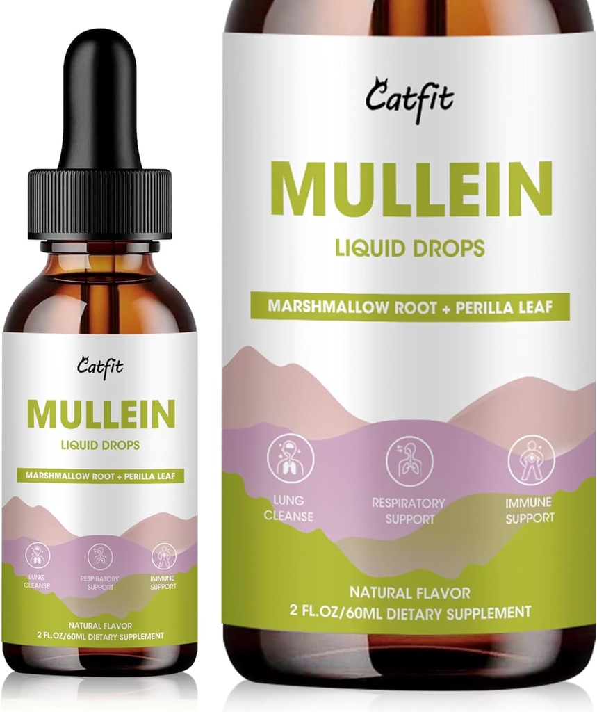 Gouttes de Mullein pour les poumons – Extrait de Mullein Leaf avec racine de marshmallow, Perilla et Astragalus pour le soutien respiratoire, Immune Boost & Lung Detox, formule à base de plantes naturelles, végétalien, 2 fl oz