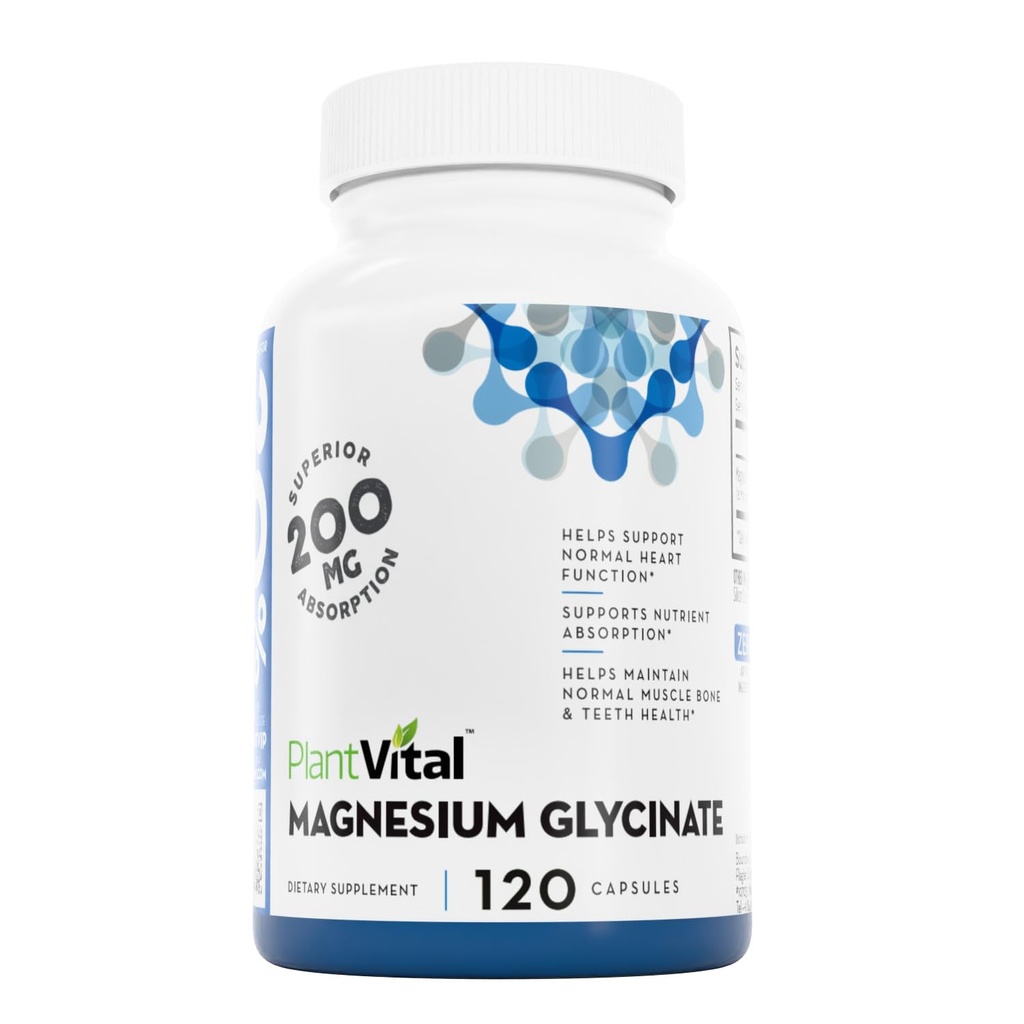 PlantVital Magnesium Glycinate 200mg - Supports Restful Sleep, Muscle & Nerve Function, Normal Heart & Bone Health - Feel Calm & Relax - Vegan, Third Party Tested, Gluten Free, Non-GMO - 120 Capsules