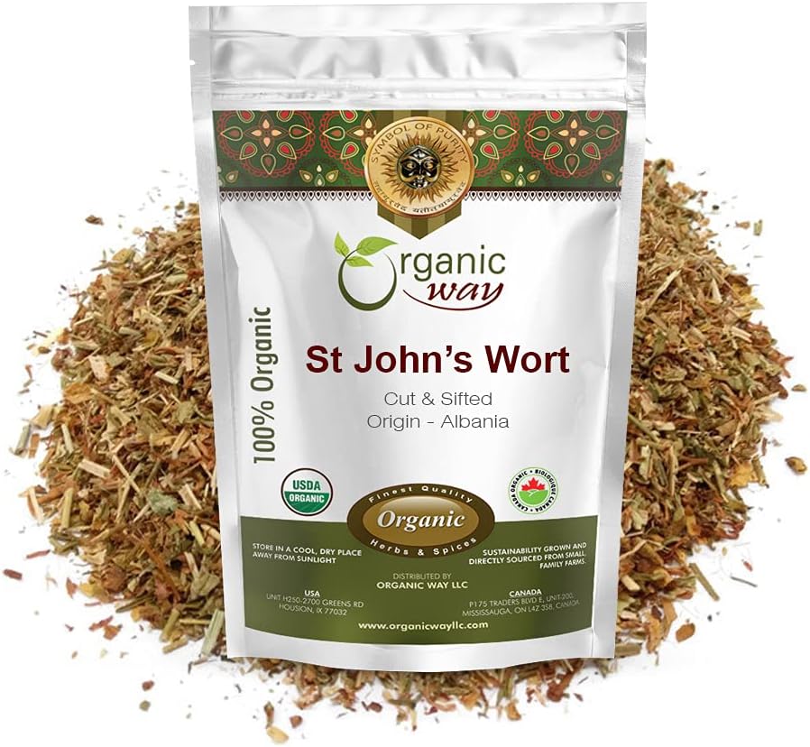 Organic Way St. John's Wort Cut & Sifted (Hypericum perforatum) - Herbal Tea | European Wild-Harvest | Organic, Kosher & USDA Certified | Vegan, Non GMO & Gluten Free | Origin - Albania (8 Oz)
