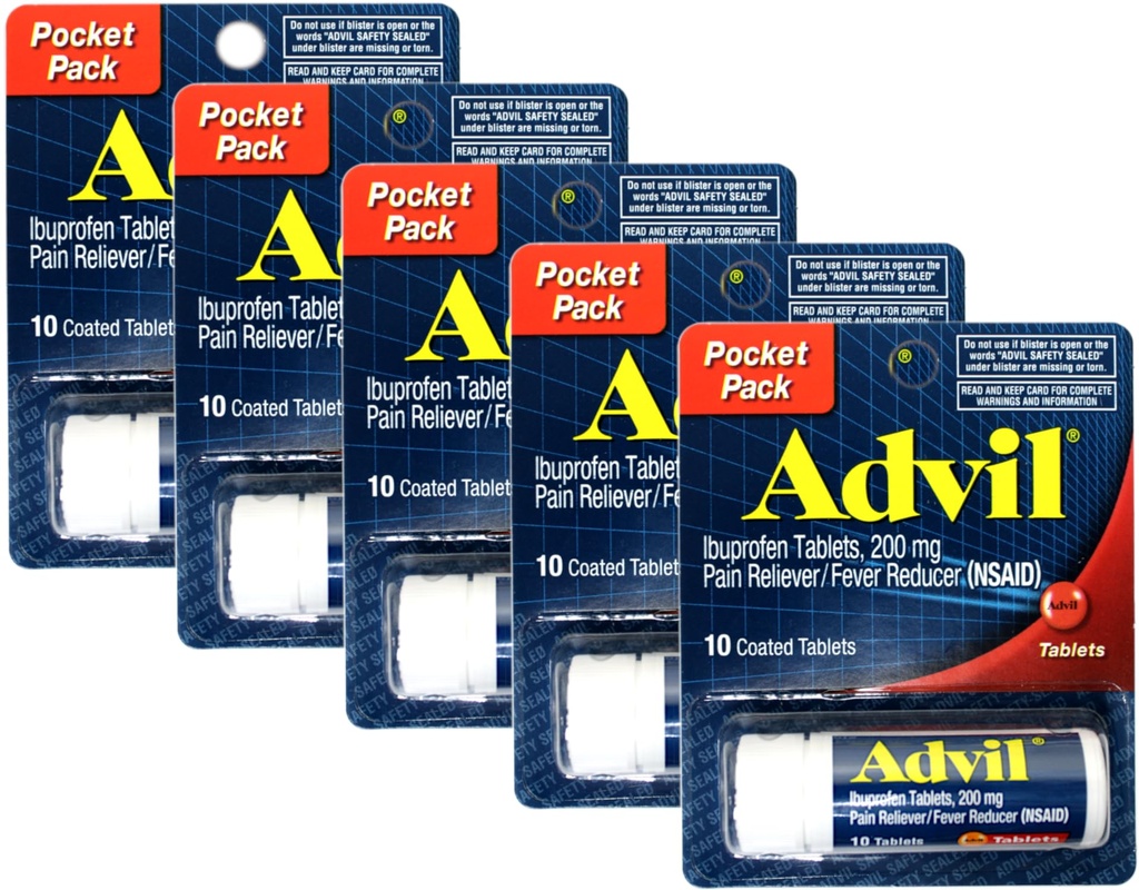 Boîte de poche Advil Ibuprofen 200mg (NSAID), 10 comprimés enduits (paquet de 5)
