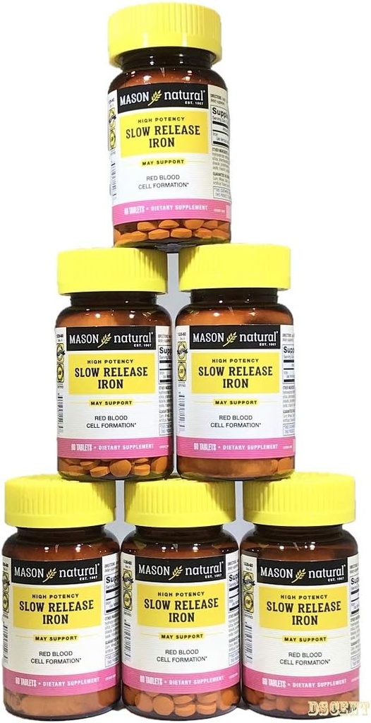 Vitamines Mason à libération lente Fer Comparer avec les ingrédients actifs en Fe lent, 60 comprimés?emballage de bouteille de 6 bouteilles Total 360 comprimés6