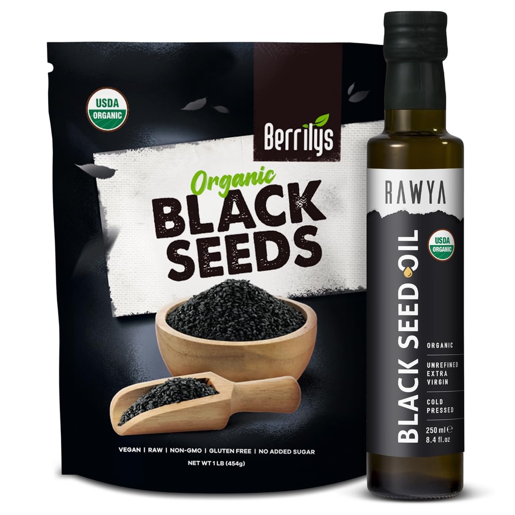 Graines noires RAWYA + huile de graines noires - Certifié biologique USDA, pressé à froid, Nigella Sativa, huile de graines de cumin, Kalonji, qualité premium, haute thymoquinone, pure et naturelle, 8,4 Oz + 16 Oz graines