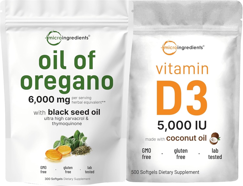 Micro-ingrédients Huile d'Origan Softgels 6 000mg par portion et vitamine D3 5 000 UI Pack de bundle