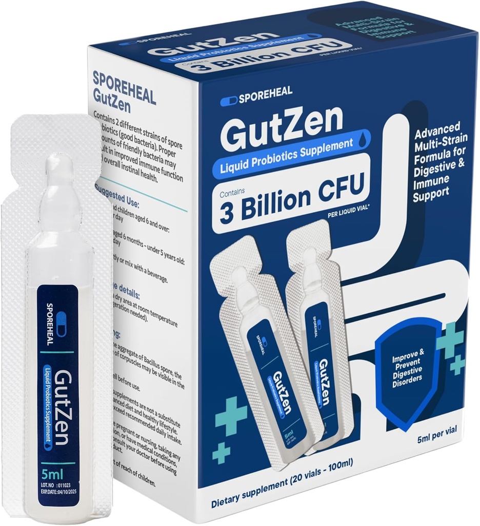 GutZen Liquid Probiotic Supplement for Gut & Digestive Health (en anglais seulement) sans gluten et aide avec le gonflement, le gaz et la diarrhée.
