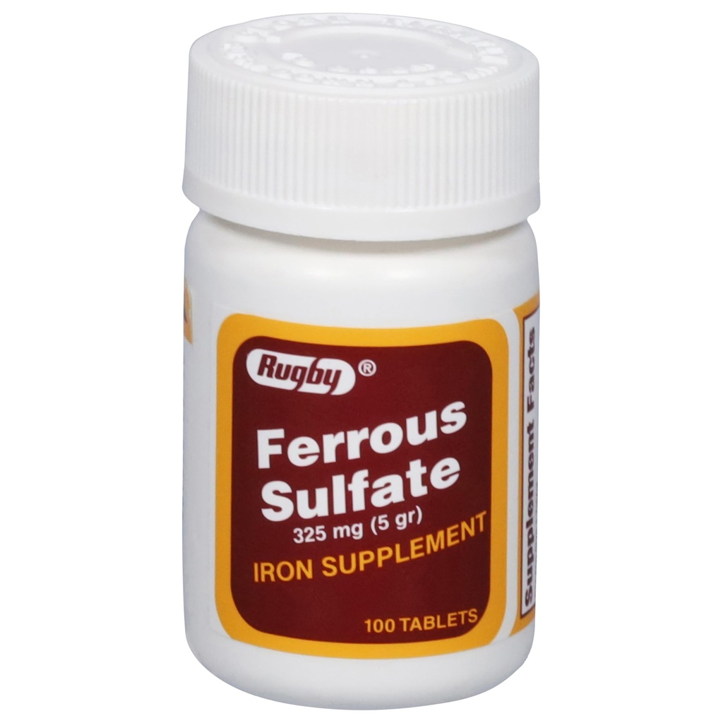 Rugby Sulfate de fer 325mg Comprimés - Supplément de fer pour les femmes et les hommes - 100 Compte (1 paquet)