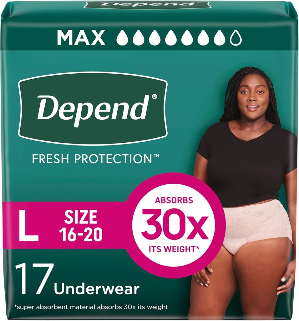 Depend Fresh Protection Couches adultes, Incontinence & Postpartum Bladder Sous-vêtements pour femmes, jetable, maximum, grand, Blush, 17 Compte, Emballage Mai Varier