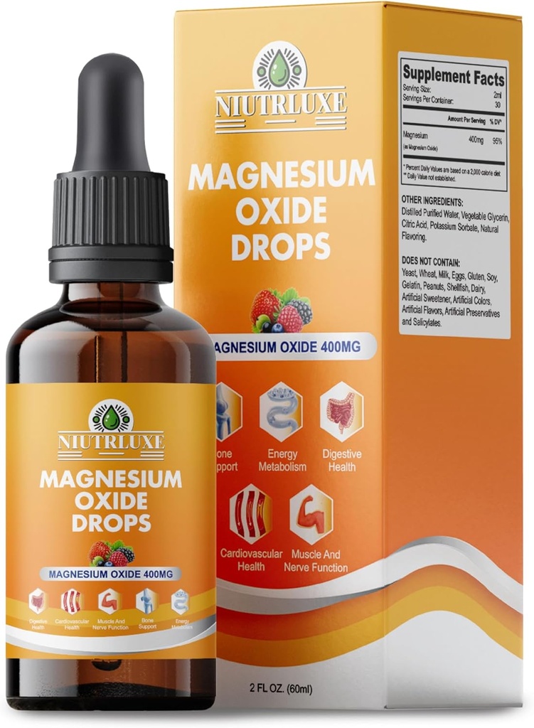Oxyde de magnésium liquide 400mg - Supplément d'oxyde de magnésium liquide pour la santé des os, des muscles et du coeur, Oxyde de magnésium sublingual, haute puissance, facile à absorber, 60ml