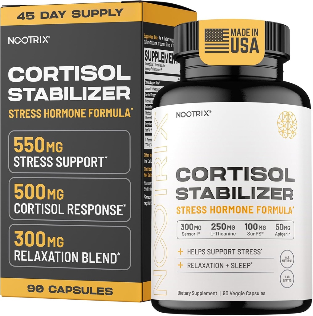 Nootrix Cortisol Manager & Stabilizer Supplement | Supports Deep Sleep, Relaxation, Adrenal Health & Stress | 300mg Ashwagandha | L-Theanine, Rhodiola Rosea Extract & Apigenin | 90 Capsules