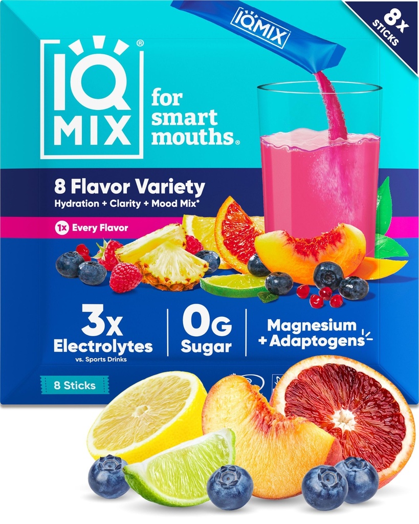 Poudre d'électrolyte d'hydratation IQMIX - formule 4-en-1 pour l'hydratation, la clarté mentale, l'humeur et la récupération - sans sucre, mélange de boissons kéto avec la Mane L-Thréonate de magnésium et de lion - échantillonneur de 8 tasses (tous les arômes)