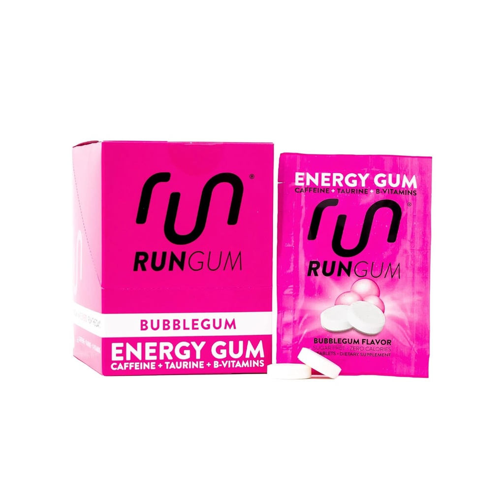 RUN GUM Bubblegum Energy Chewing Gum 50mg caféine Taurine & B-vitamines par pièce, 24 pièces (paquet de 12) sans sucre, zéro calories, sans aspartame et sans gluten