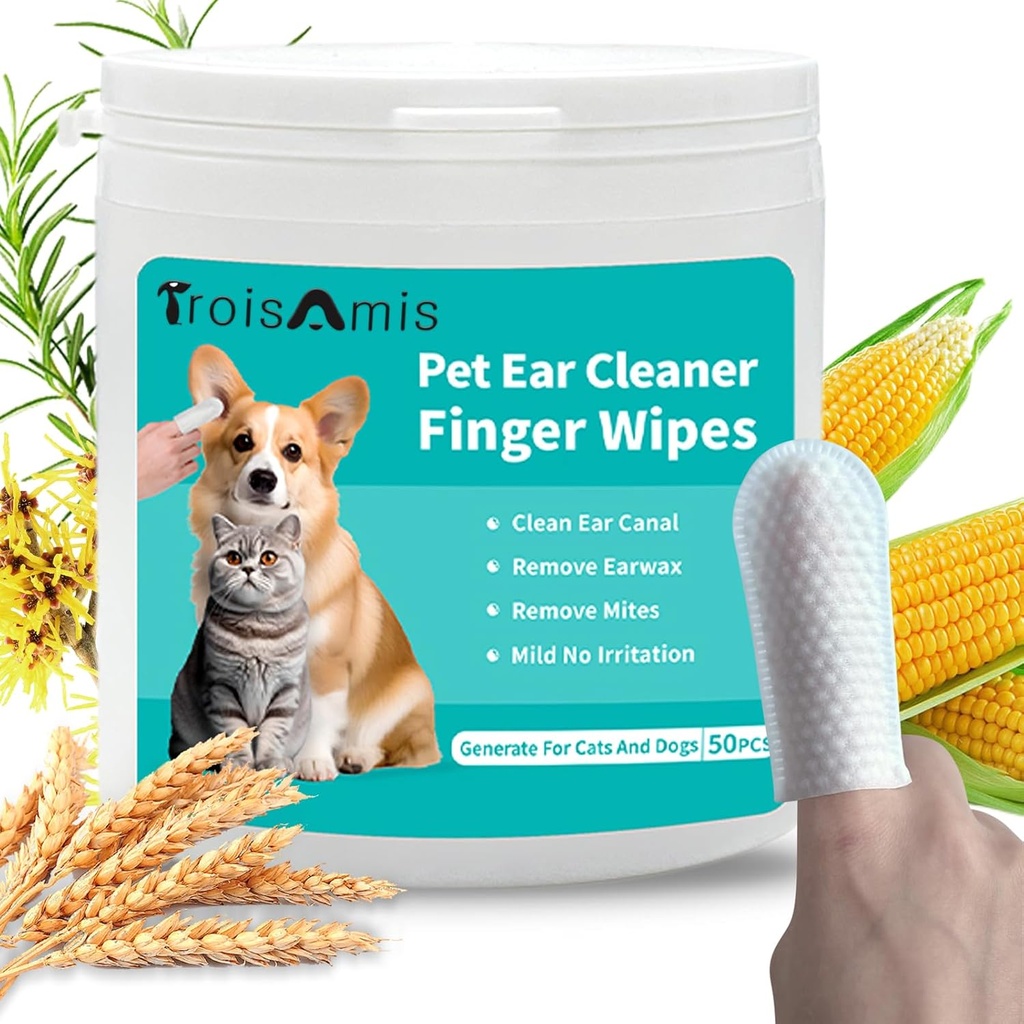 Essuie-doigts nettoyants pour chiens et chats, essuyantes nettoyantes pour chiens épais avec ingrédients doux et naturels, enlever la cire d'oreille, les débris-sooths et les déodorisants Démangeaison d'oreille et inflammation-50 Compte