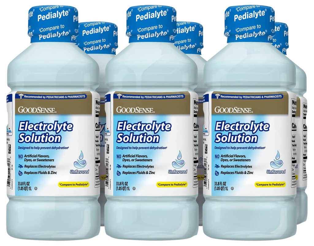 Solution orale d'électrolyte GoodSense, non aromatisée, conçue pour aider à prévenir la déshydratation; remplace les électrolytes, les fluides et le zinc, 33,8 onces fluides (paquet de 6)