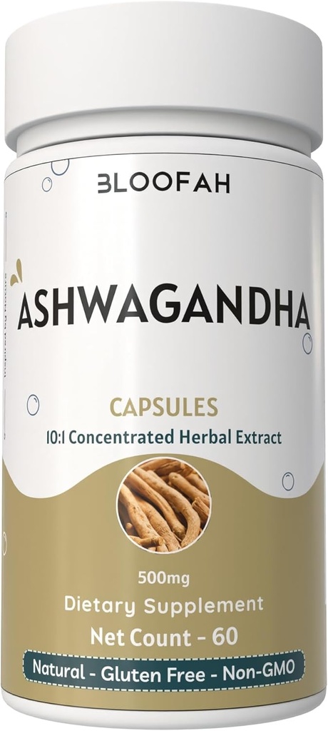 Ashwagandha Capsules 500mg Avec la somnifera d'Ashwagandha Concentré 10:1 Extraire d'extrait d'extrait d'extrait d'extrait d'extrait d'extrait d'extrait d'extrait d'herbes pures non-OGM, sans gluten, sans additifs, certifié GMP (60 Nombre (paquet de 1))