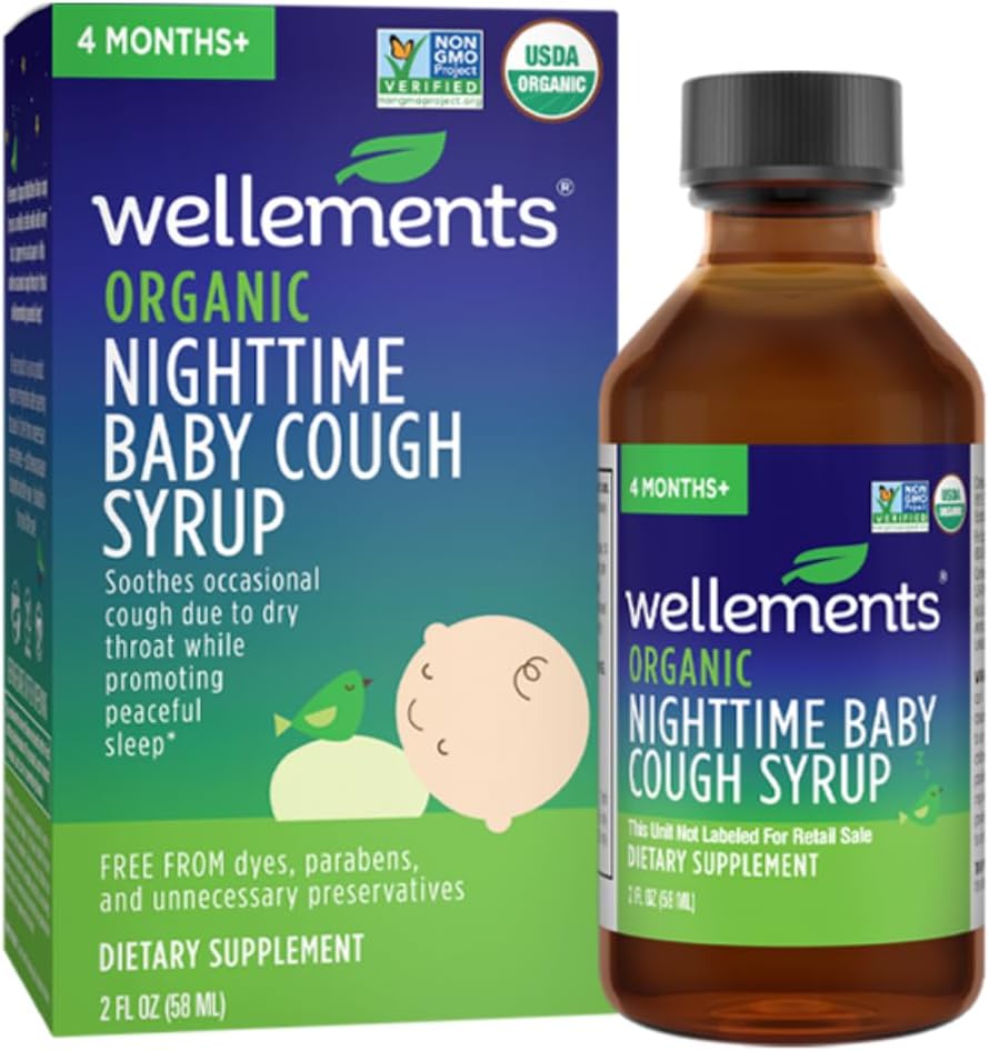 Wellements Organic Nighttime Baby Cough Sirup (en anglais seulement) Adoucit la toux occasionnelle en raison de la gorge sèche tout en favorisant une nuit paisible.