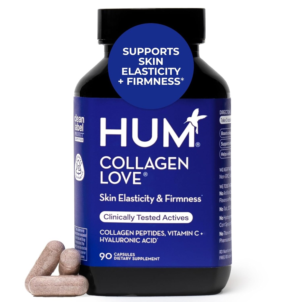 HUM Collagen Love Skin Supplement, Collagen Peptides Capsules avec acide hyaluronique et vitamine C, soutient la peau ferme et aide à minimiser les signes du vieillissement, suppléments pour les femmes et les hommes, 90 capsules