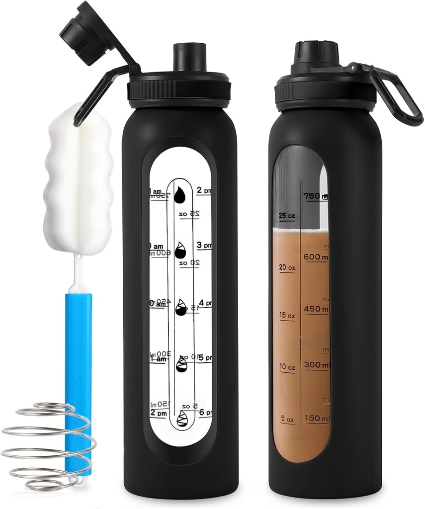 Bouteille de Shaker en verre 34oz/1L Black Glass Protein Shaker Bouteille de Shaker Ball Grandes bouteilles de Shaker pour les mélanges de protéines Mélangeur de poudre portable Bouteille d'eau de mélangeur pour gymnastique Sports