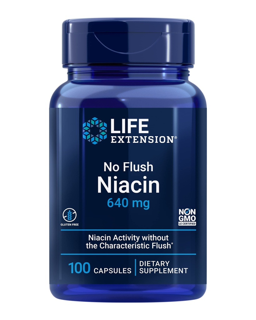 Life Extension No Flush Niacin, B3 pour la santé cardiaque, le cholestérol et le soutien énergétique, non-OGM, sans gluten, 100 capsules