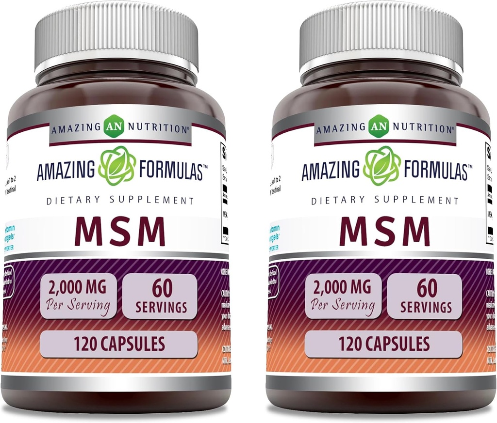 Formules étonnantes MSM (Methylsulfonylméthane) Supplément $ 2000 Mg par portion $ Capsules $ Non-GMO $ Sans gluten $ Fabriqué aux États-Unis (2 Pack, 120 Compte)