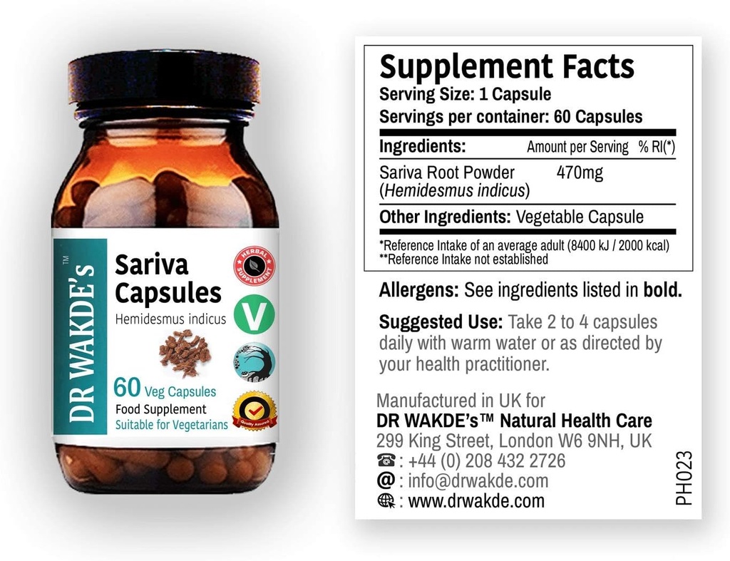 DR WAKDE'S Sariva Capsules (Anantomoola) (Hemidesmus indicus) (60 Veg Caps) Supplément ayurvédique (100% Herbal) Quantité Rabais (100%) Expédition le même jour