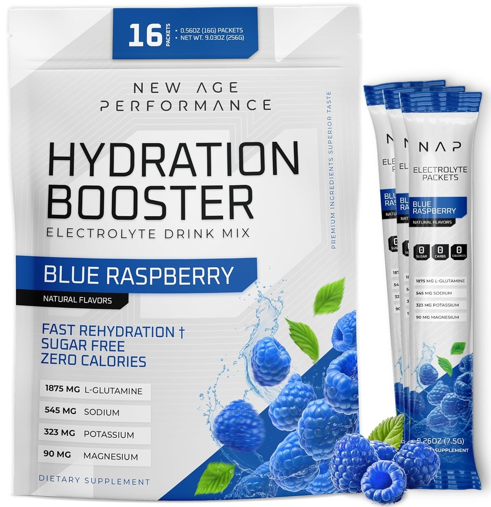 Nouvelle performance d'âge Packets d'hydratation, électrolytes Enhancer liquide en poudre pour le soulagement de la déshydratation, L-Glutamine Amino Acides pour la récupération d'entraînement musculaire, sans sucre et 0 calories, 16 Pack (Blue Raspberry)