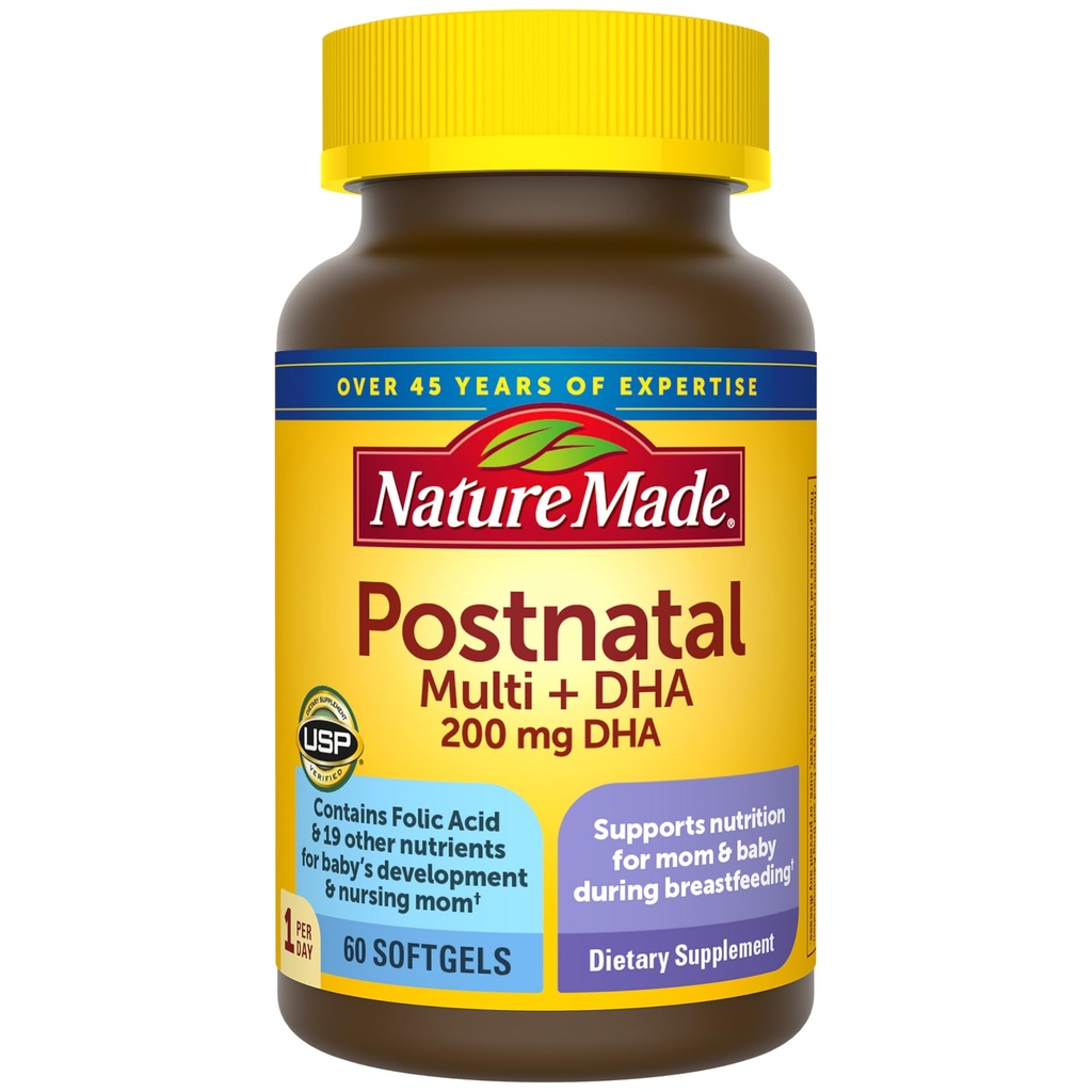 Nature faite Multivitamine postnatale + DHA 200 mg, Vitamines postnatales pour les mamans et les bébés allaitants, Vitamines et nutriments inclure le fer, Vitamine D3, Calcium, Iodine et plus, 60 Softgels