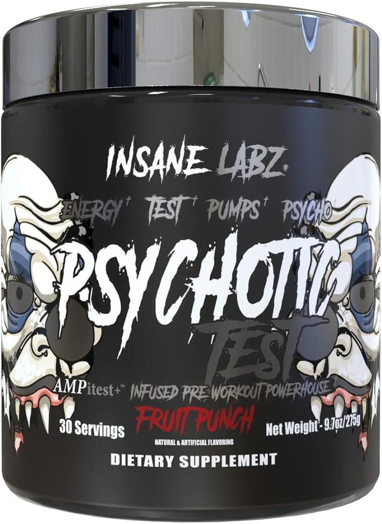 Test psychotique Insane Labz, haute énergie de testostérone et pompe boostant la poudre de pré-entraînement avec le bitartrate DMAE, l'acide D aspartique, la créatine HCL et le monostéarate de glycérol, 30 portions, punch fruit