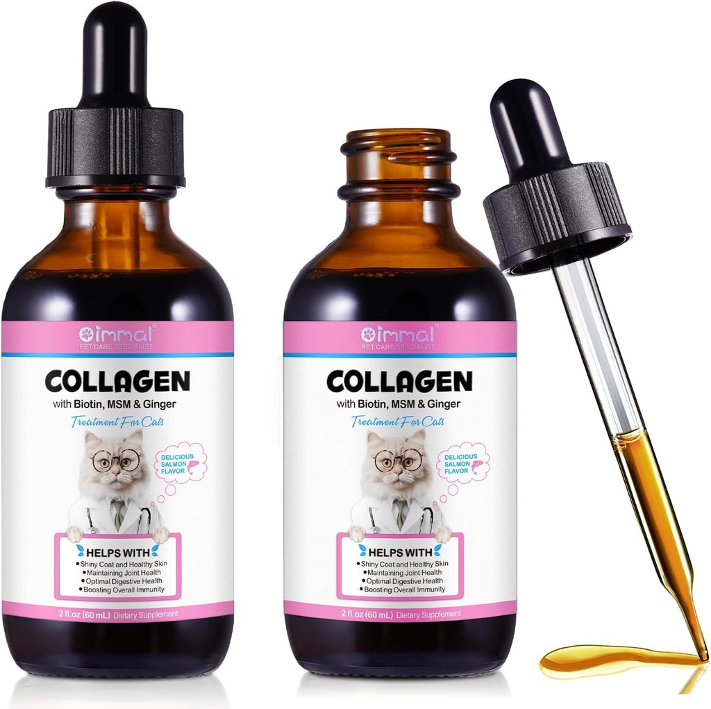 Collagène pour les chats, les gouttes liquides de collagène de chat avec biotine, MSM & Ginger Digestive & Immunity Support, Démangeaison, Skin & Coat and Joint Health, Supplément Cat 60ml -2pcs