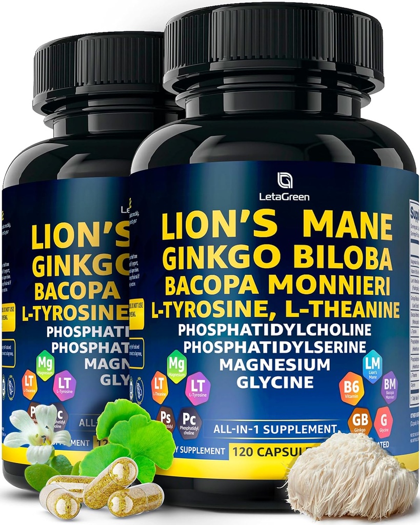 Organic Lions Mane Supplement Capsules - 240 Real Mushrooms Lion's Mane Capsules with Ginkgo Biloba Herb, Bacopa Monnieri, L Theanine, L Tyrosine - Mushroom Complex for Daily Wellness