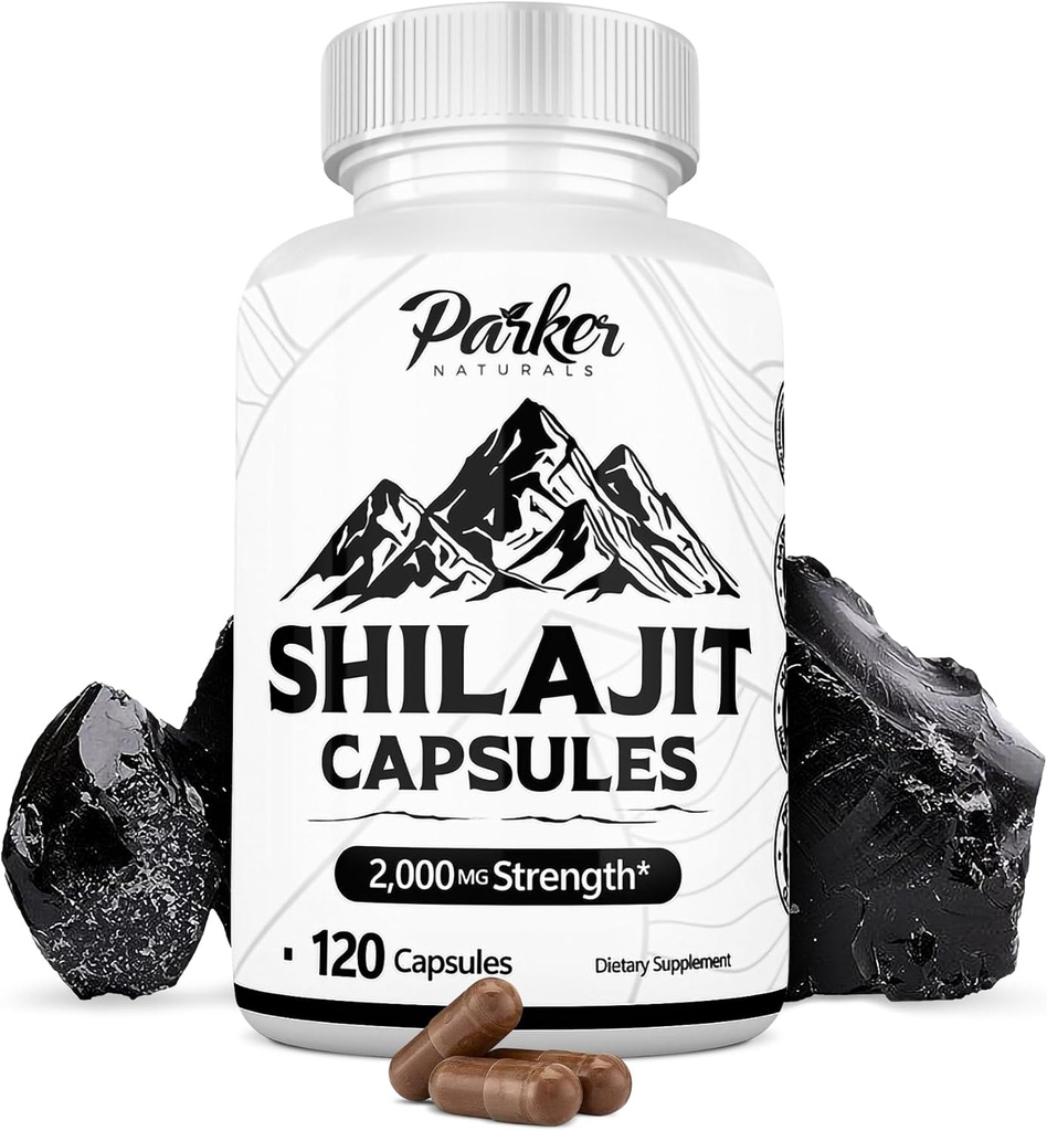 Parker Naturals Pure Himalayan Shilajit Capsules, 2000 mg Strength Shilajit Résine et Supplément Acid Fulvic, Capsules Vegan et sans gluten, 120 Nombre