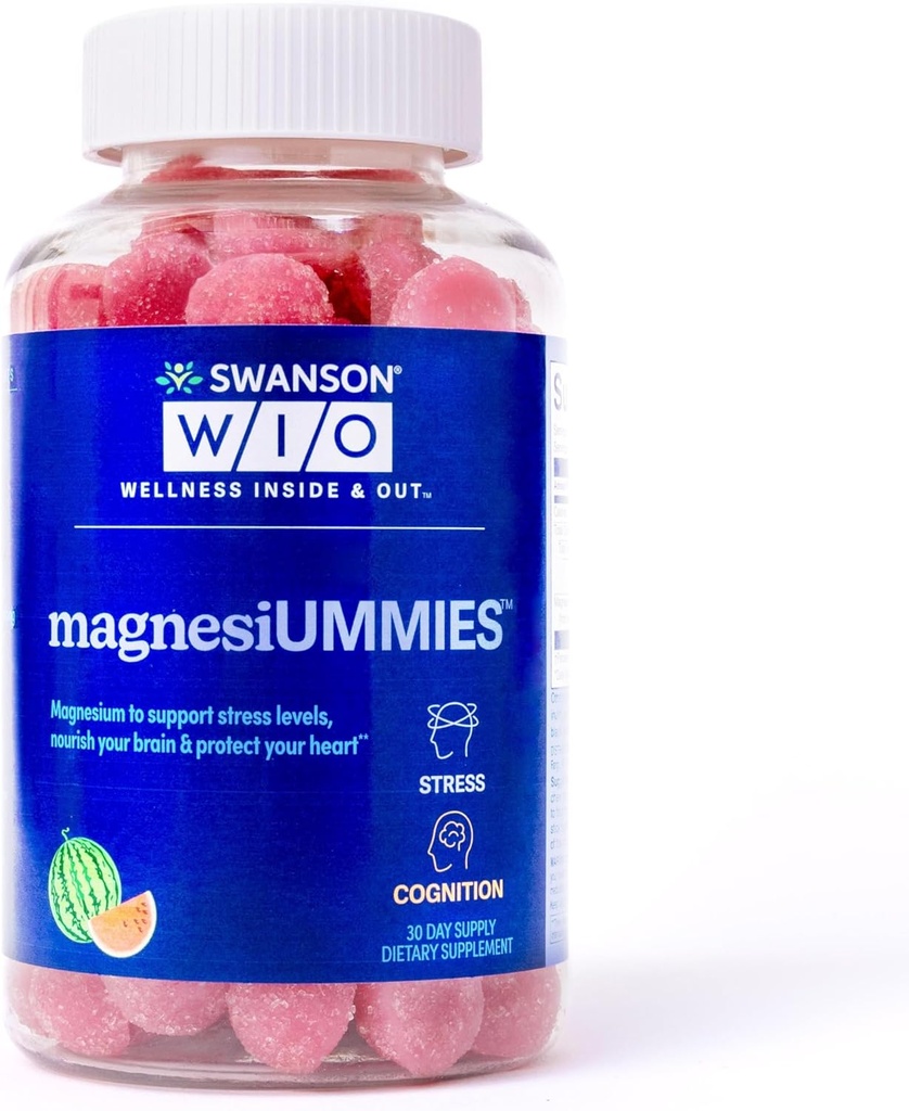 Swanson WIOTM magnsiUMMIESTM Stress Support, Heart Health, Stress, Pastèque, Magnésium 336mg, Vegan, Non-OGM, Sans gluten, Bone Health - Bouteille de 12oz, 120 Gummies (30 jours d'approvisionnement)