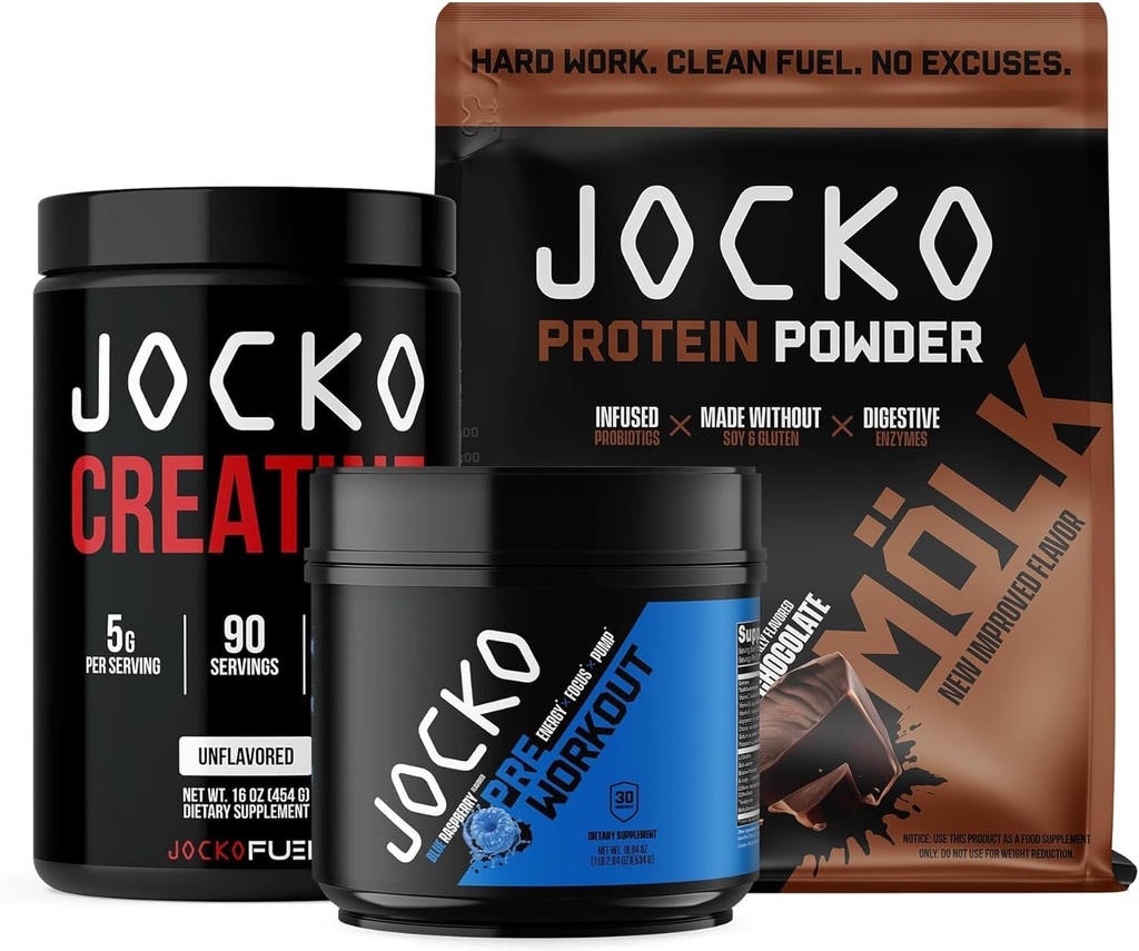Jocko Carburant 3 Pack Gym Bundle - Creatine, Chocolat MOLK, & Blue Raspberry pré entraînement
