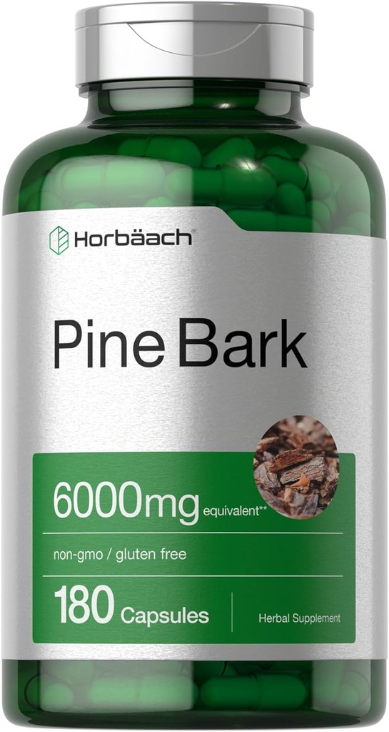 Extrait d'écorce de pin Horbäach $ 6000 mg $ 180 Capsules $ Standardisé pour contenir 75% Proanthocyanidines $ Non-OGM, Supplément sans gluten $ Haute puissance