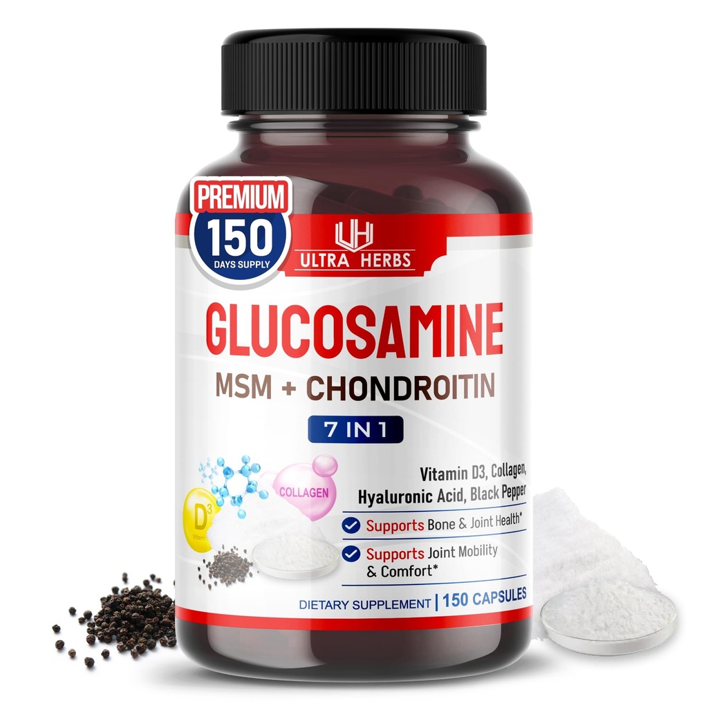 Glucosamine Chondroitin MSM - Supplément de soutien à la mobilité mixte amélioré avec collagène, acide hyaluronique, vitamine D3-150 capsules