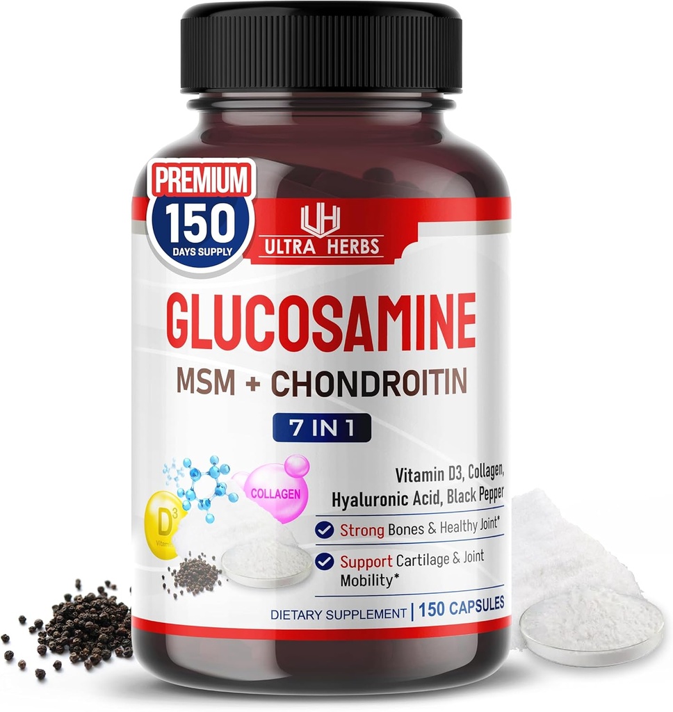 Glucosamine Chondroitin MSM - Supplément de soutien à la mobilité mixte amélioré avec collagène, acide hyaluronique, vitamine D3-150 capsules