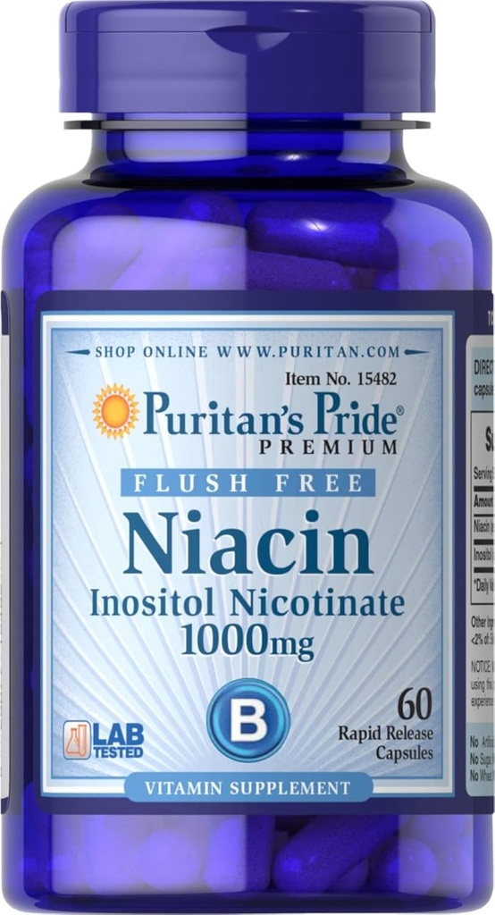 Puritans Pride Flush Free Niacin Inositol Nicotinate 1000 Mg-60 Capsules, 60 Compte