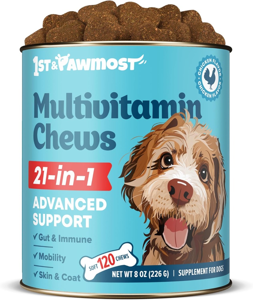 Multivitamine de chien 21-en-1 - Vitamines de chien et suppléments pour chiens et chiots seniors - Multivitamine pour chiens pour la peau, le manteau, le coeur, le soutien immunitaire - Multivitamines de chien à croquer pour le soutien conjoint -120pcs