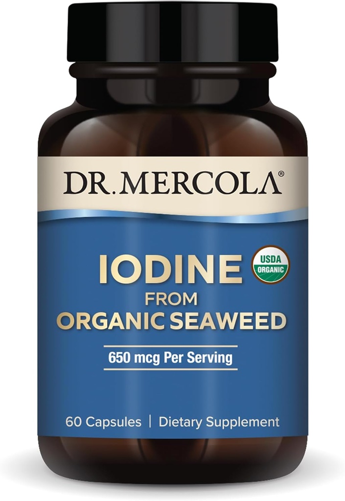 Dr. Mercola Iodine de l'algue biologique, 650 mcg par portion, 30 portions (60 capsules), supplément alimentaire, soutien thyroïdien et énergétique, non-OGM, USDA Organic