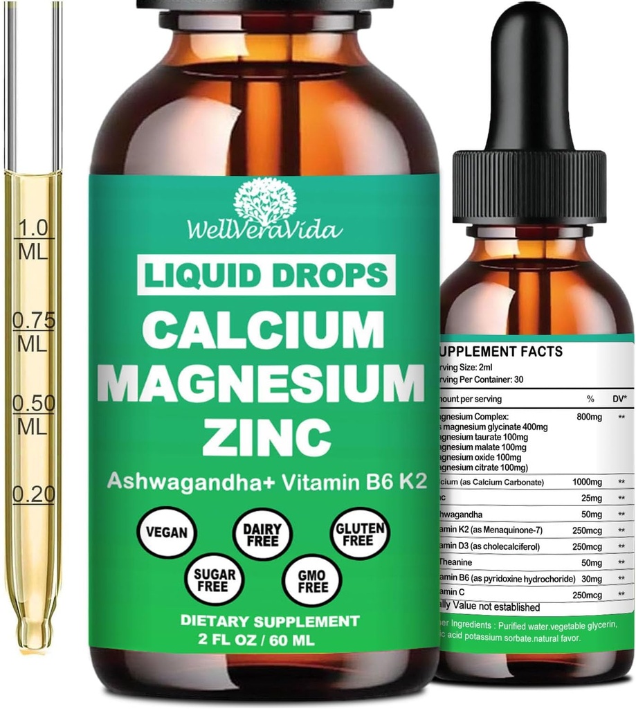 Calcium Magnésium Zinc gouttes liquides avec vitamine D3 K2, supplément de magnésium de Calcium à haute puissance avec complexe de magnésium, zinc, théanine, sans gluten pour immunone, os, muscles, humeur et soutien du sommeil