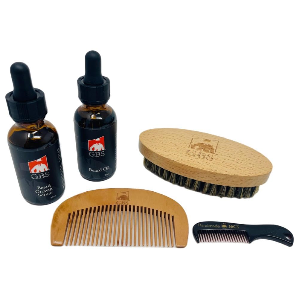 G.B.S Ensemble de peigne à barbe naturel - Comprend le peigne à barbe en bois, le brosse à barbe de voyage et le peigne à moustache - parfait pour toute texture de cheveux