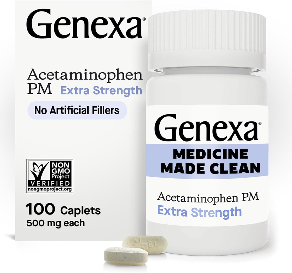 Genexa Acétaminophène propre PM 500mg Extra Strength, Tee Free Pain Reliever, Aide au sommeil nocturne, Réducteur de fièvre, 0% Additifs artificiels, Soulage les maux de tête, Mal de dos, Douleur d'arthrite mineure, 100 comprimés