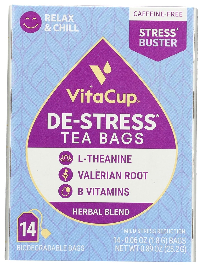 DeStress Sacs à thé à base de plantes par VitaCup, Relax & Chill w/Chamomile, L-Theanine, Vitamines valérianes, Sans caféine Sac à thé bien-être, 14 ct