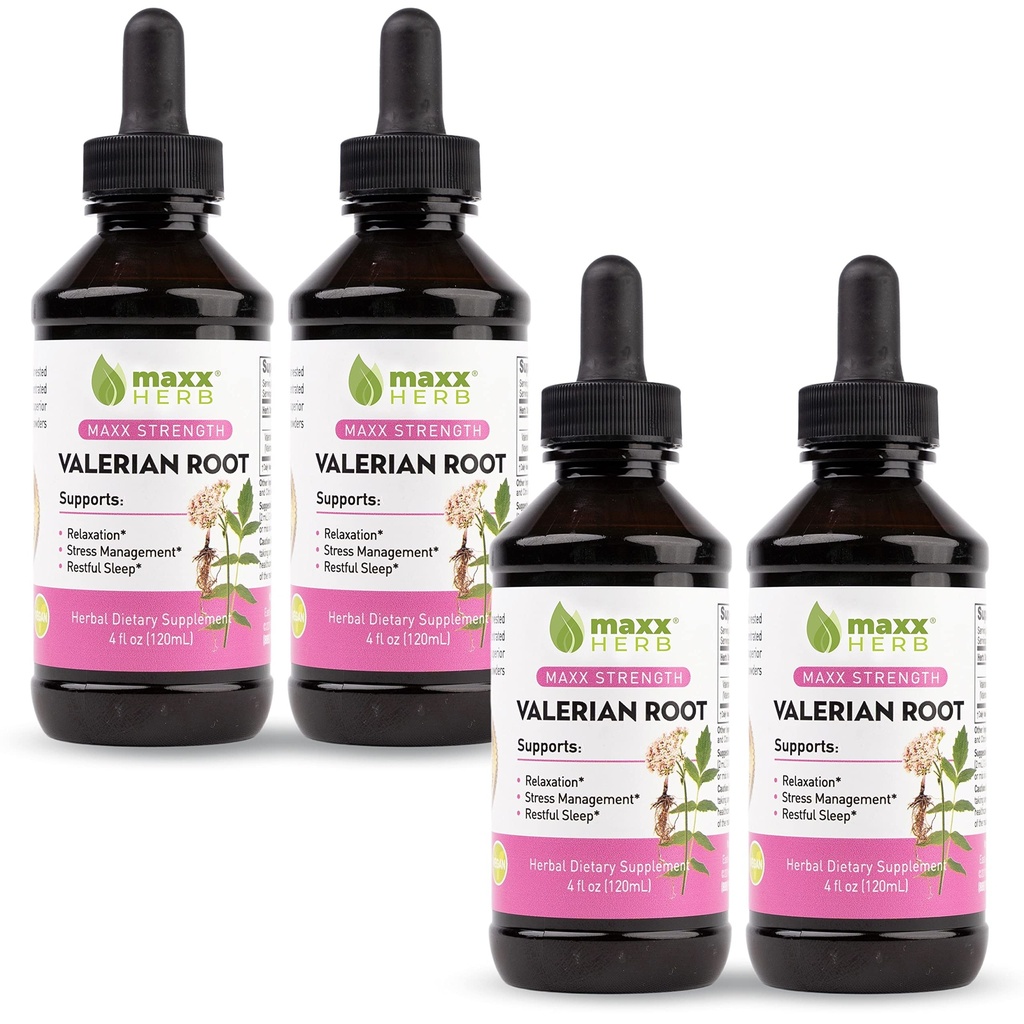 Maxx Herb Extrait de racine valériane - Max Strength, liquide Absorbe la racine valériane mieux que les capsules, pour la relaxation et le sommeil reposé, sans alcool - 4 bouteilles, 4 Oz Chaque (240 portions)