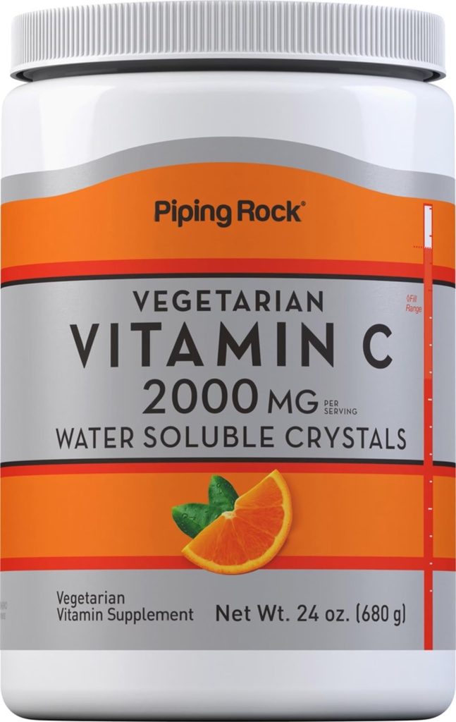 Piping Rock Vitamin C Powder | 2000mg | 24 oz | Water Soluble Crystals | as Ascorbic Acid | Vegetarian, Non-GMO, Gluten Free Supplement