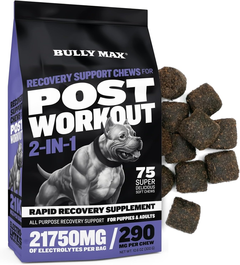 Bully Max 2-en-1 support de récupération post-entraînement Chews - Vitamines de chien et supplément alimentaire pour les petites et grandes races - Hydratation de chien chiot et adulte et reconstitution électrolytique - 75 Chews doux et savoureux