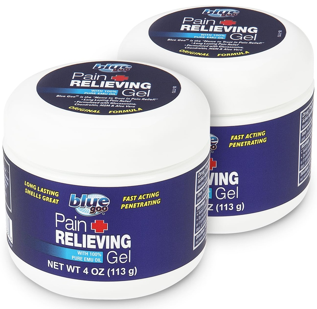 Gel de soulagement de la douleur de Goo bleu – pour le dos, le cou, la douleur musculaire et articulaire, refroidissement à action rapide et soulagement apaisant avec 100% huile Emu pure, 4 oz (2 pack)