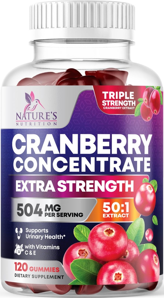 Gommies de canneberge 50:1 Extrait de canneberge - soutien de piège urinaire fait avec 25 000mg, aide à nettoyer et protéger, supplément de gommy de canneberge + vitamine C, pilules de canne à mâcher pour les femmes - 120 Gommies