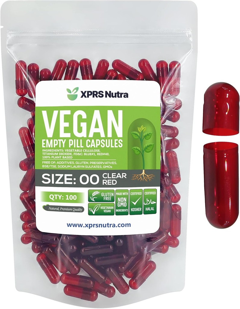 XPRS Nutra Taille 00 Capsules vides - 100 Compte Capsules vides de végétalien - Pilules vides végétariennes - Bricolage Gélule végétale Remplissage- Caps de pilules végétariennes (rouge clair)