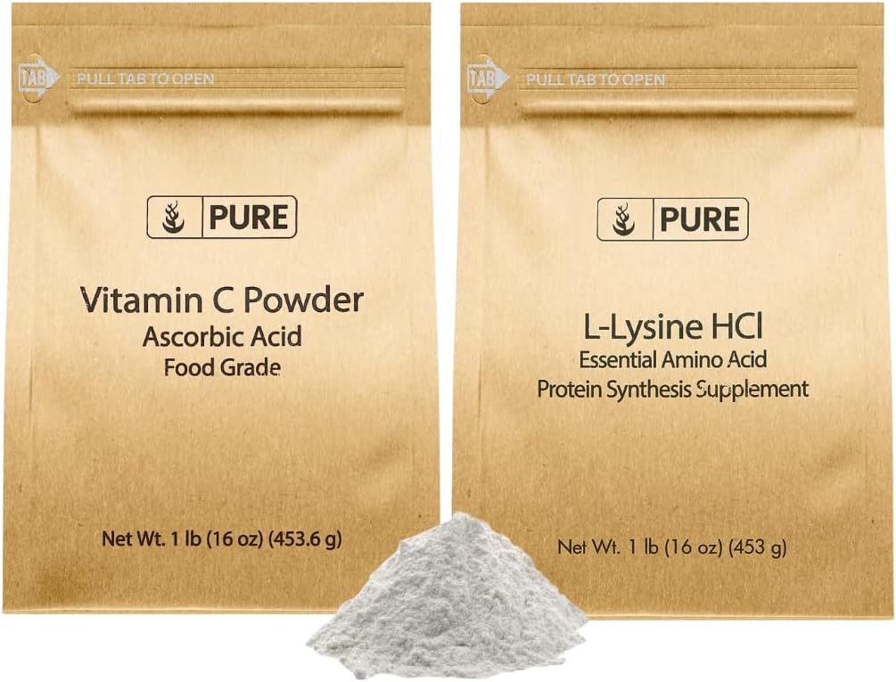 INGRÉDIENTS ORIGINAUX L-Lysine HCI et Vitamn C en poudre, 1 lb chacun, sans OGM, sans gluten, suppléments alimentaires