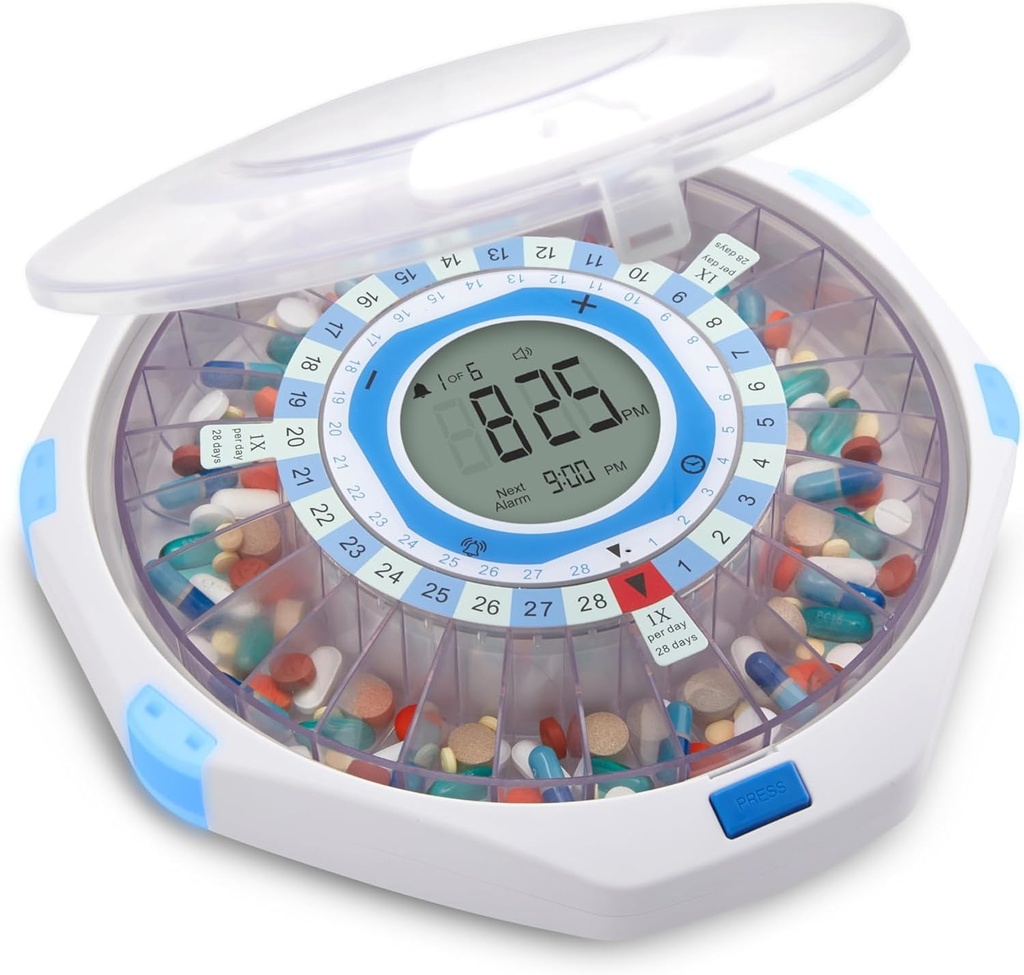 LiveFine WiFi Distributeur automatique de pilules et système de surveillance à distance des médicaments avec clé de verrouillage, organisateur de médicaments de 28 jours jusqu'à 9 doses par, alarmes réglables lumière / son pour les prescriptions et Vitami