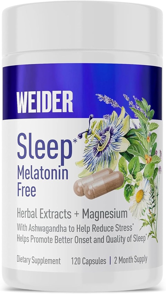 Weider Melatonine Supplément gratuit d'aide au sommeil avec KSM-66 Ashwagandha, Magnésium, Lavande, Lemon Baume, Camomille, Valérien et Extraits de fleurs de passion, Hormone et drogue- Sans, Non-Habit Forming, 120ct